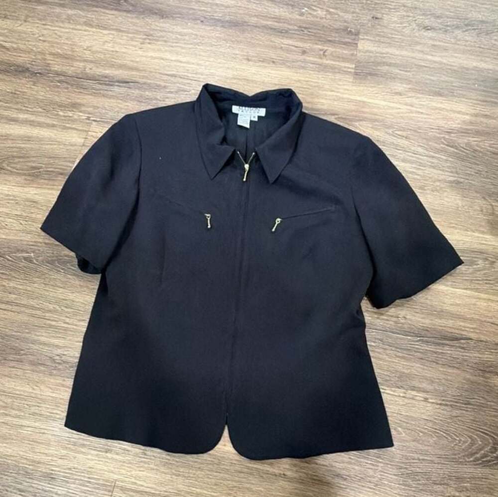 Allison Taylor Women's Black Short-Sleeve Zip-Front Silk Blouse